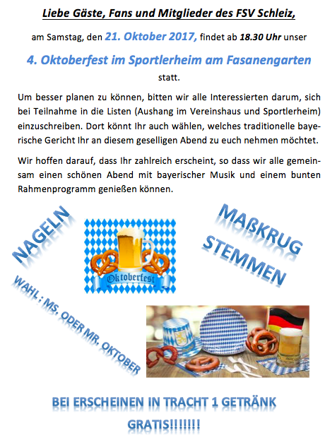 VORMERKEN: 21.10.17 Oktoberfest im Sportlerheim !!!!